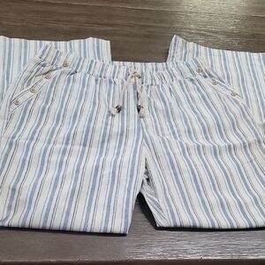 Women Striped Blue & Off White Linen Straight Leg Pants